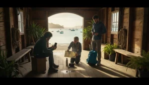 Travellers using an eSIM to plan ferry journeys and island activities in the Bay of Islands, New Zealand