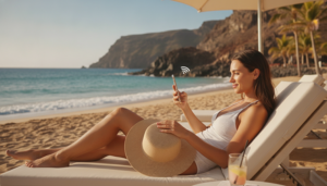 Tourist using eSIM mobile internet on smartphone during Canary Islands beach holiday