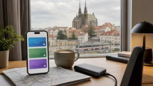 Travel eSIM plan comparison overlooking Brno.