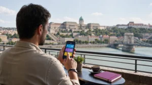 Traveller comparing eSIM plans for a Budapest trip
