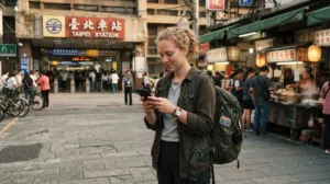 Budget traveller using an affordable Taiwan eSIM while exploring a local neighbourhood