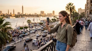 Tourist using an eSIM for mobile internet while traveling in Cairo