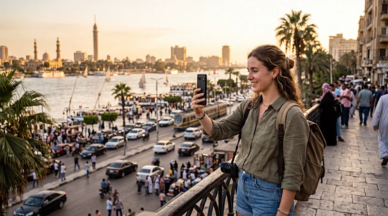 Tourist using an eSIM for mobile internet while traveling in Cairo