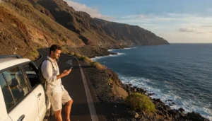 Traveller using smartphone with eSIM mobile data during a Canary Islands road trip
