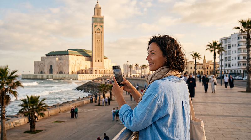 Tourist using an eSIM for mobile internet in Casablanca Morocco