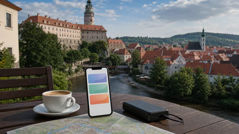 Travel eSIM plan comparison overlooking Český Krumlov.