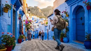 Tourist using an eSIM for mobile internet in Chefchaouen Morocco