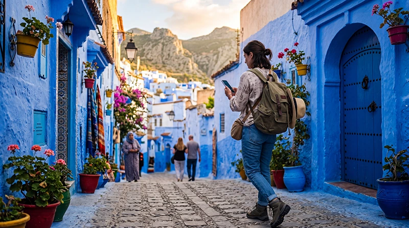 Tourist using an eSIM for mobile internet in Chefchaouen Morocco