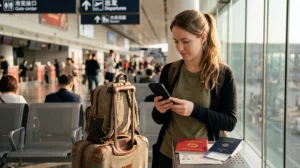 Traveler using an eSIM for mobile data in China