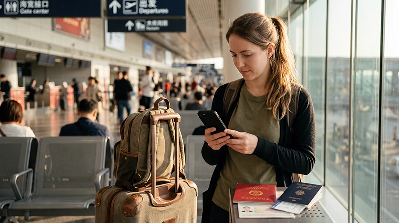 Traveler using an eSIM for mobile data in China