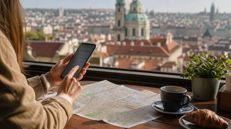 Traveller comparing eSIM plans beside a Prague city map.