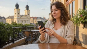 Traveller comparing eSIM plans at a café overlooking Debrecen