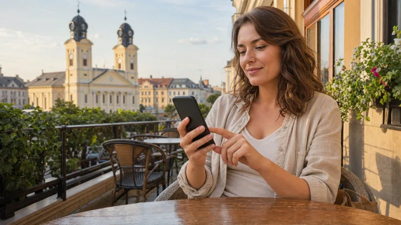 Traveller comparing eSIM plans at a café overlooking Debrecen