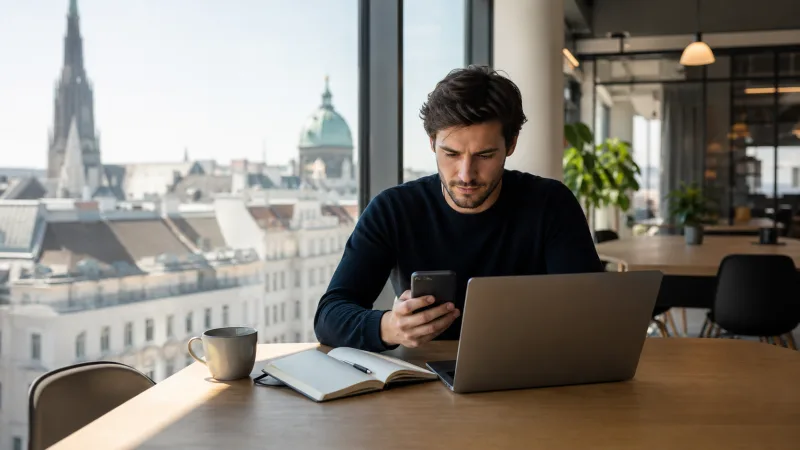 Digital nomad choosing an eSIM in a Vienna coworking space