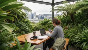 Digital nomads using an eSIM and laptop while working from a garden pavilion in New Zealand