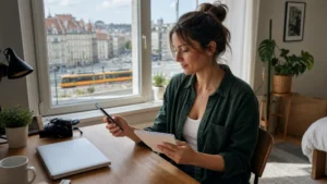 Digital nomad comparing eSIM plans in a Polish apartment workspace.