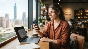 Digital nomad using smartphone with Taiwan eSIM while working remotely in Taiwan