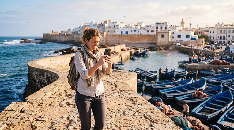Tourist using an eSIM for mobile internet in Essaouira Morocco