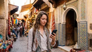 Tourist using an eSIM for mobile internet in Fes Morocco