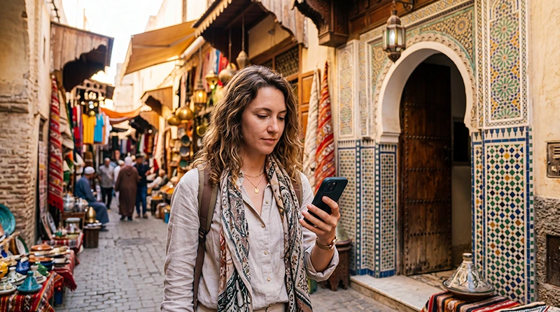Tourist using an eSIM for mobile internet in Fes Morocco