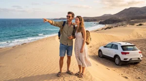 Tourists using an eSIM while exploring beaches and landscapes in Fuerteventura