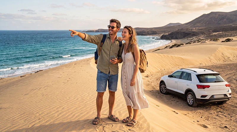 Tourists using an eSIM while exploring beaches and landscapes in Fuerteventura