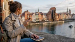 Traveller comparing eSIM plans beside the Gdańsk waterfront.