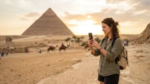 Tourist using an eSIM for mobile internet while visiting Giza