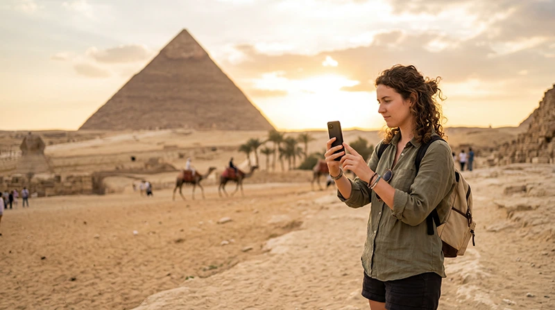 Tourist using an eSIM for mobile internet while visiting Giza
