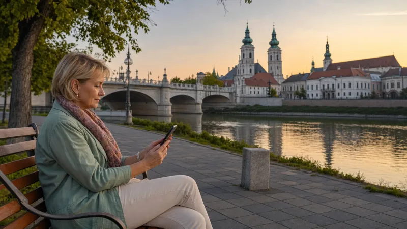 Traveller using a smartphone beside the Rába River in Győr, Hungary