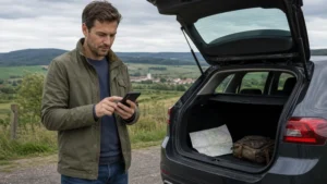 Road traveller comparing eSIM plans on a smartphone beside a car in Hungary