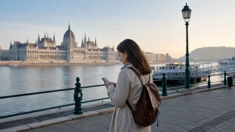 Traveller using a smartphone beside the Danube in Budapest, Hungary