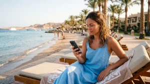 Tourist using an eSIM for mobile internet while visiting Hurghada Egypt
