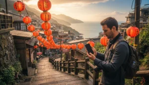 Tourist using smartphone with Taiwan eSIM while visiting Jiufen Old Street
