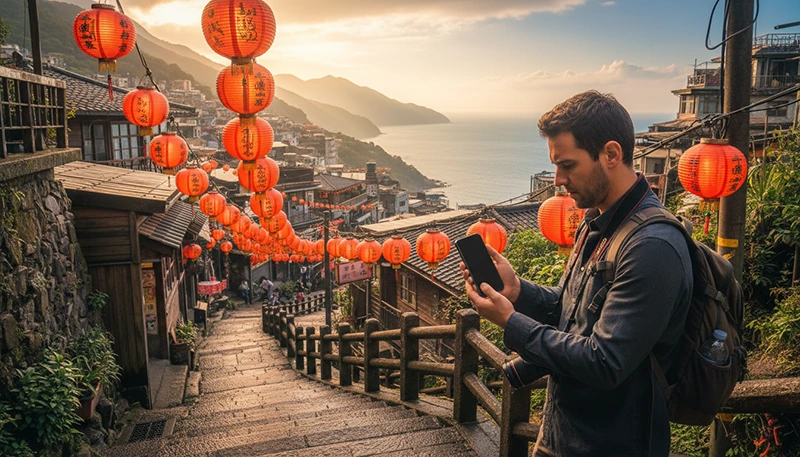 Tourist using smartphone with Taiwan eSIM while visiting Jiufen Old Street