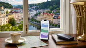 Travel eSIM plan comparison overlooking Karlovy Vary.