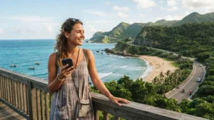 Tourist using a Taiwan eSIM while exploring the beaches and coastline of Kenting