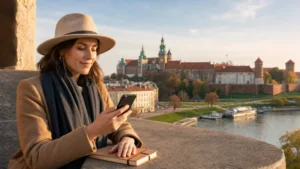 Traveller comparing eSIM options with Kraków architecture behind.