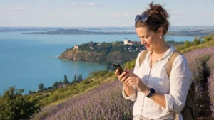 Traveller comparing eSIM plans on a smartphone beside Lake Balaton, Hungary