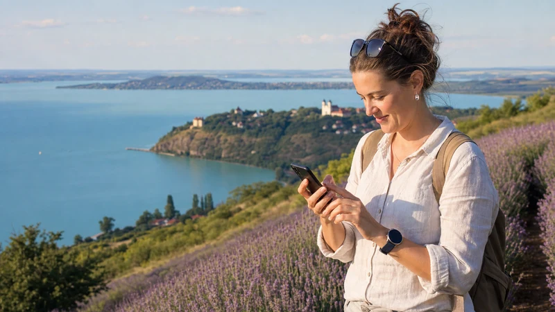 Traveller comparing eSIM plans on a smartphone beside Lake Balaton, Hungary