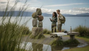 Travellers using an eSIM for maps and mobile data while exploring Lake Taupo in New Zealand
