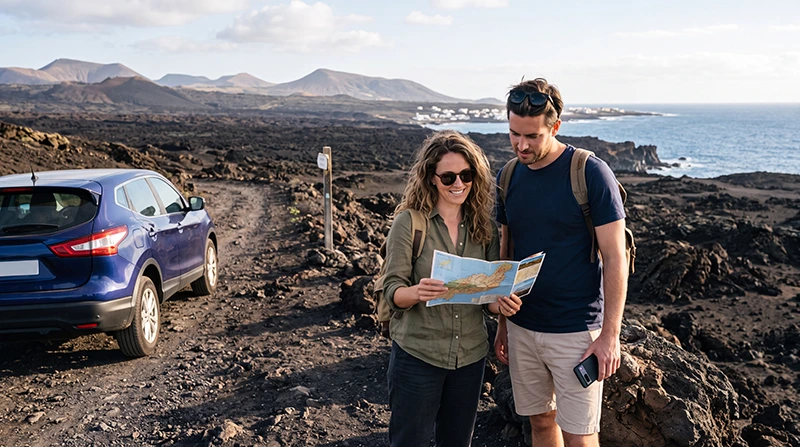 Travellers using an eSIM while exploring Lanzarote volcanic landscapes