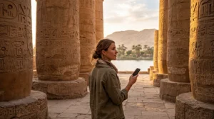Tourist using an eSIM for mobile internet while visiting Luxor Egypt