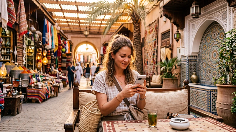 Tourist using an eSIM for mobile internet in Marrakech Morocco