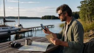 Traveller comparing eSIM plans near a Masurian lakeside marina.