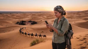 Tourist using an eSIM for mobile internet near Merzouga Morocco