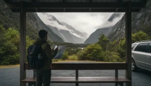 Traveller preparing mobile data and offline maps before visiting Milford Sound in New Zealand