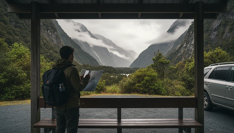 Traveller preparing mobile data and offline maps before visiting Milford Sound in New Zealand