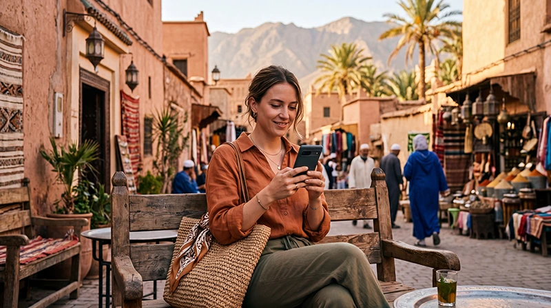 Tourist using an eSIM for mobile internet in Morocco