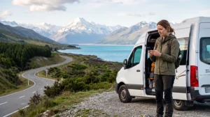 Traveller using a New Zealand eSIM during a scenic road trip